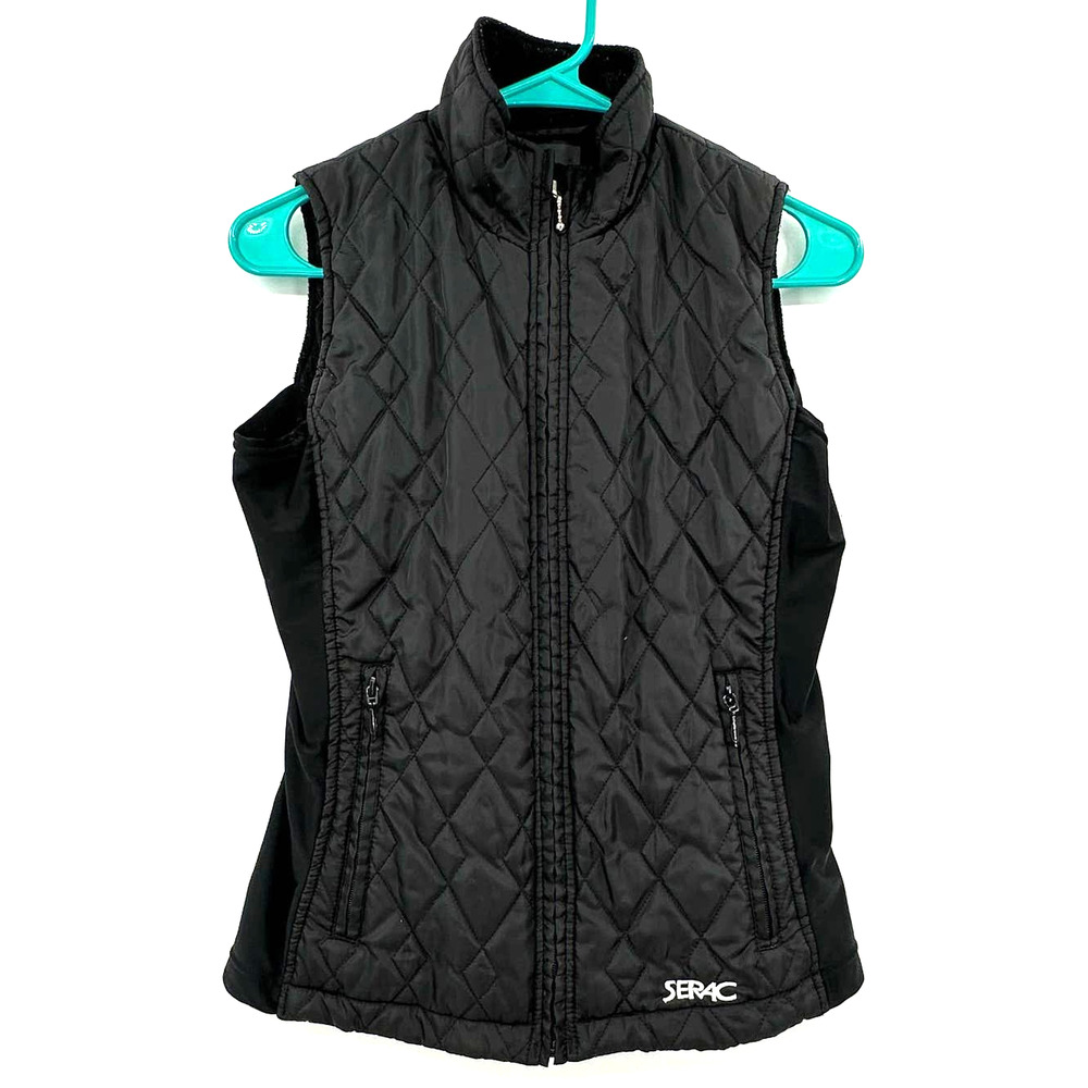 SERAC size small black quilted puffer vest zip up front fleece sides zip pockets